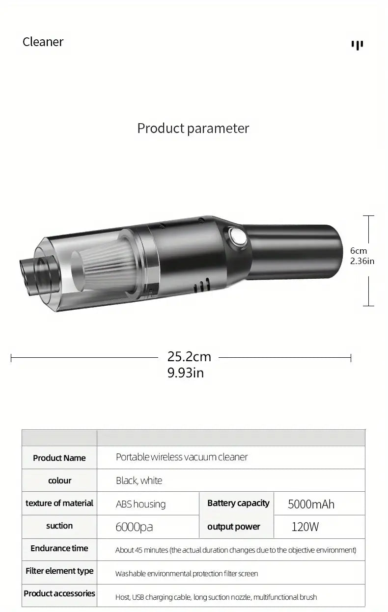 Cordless Car Vacuum Cleaner – Copper Motor, ABS