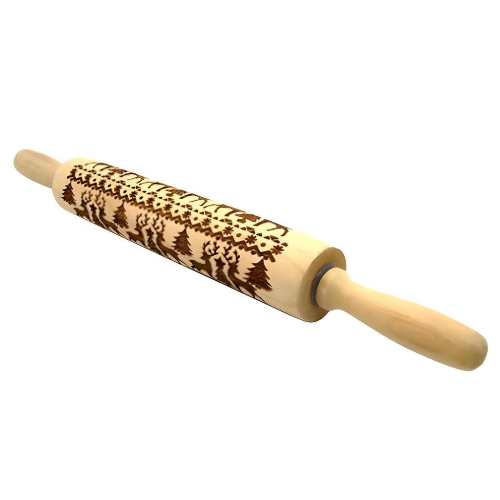 Christmas Rolling Pin – Embossed Elk Design Wooden Baking Tool for Cookies, Dumplings & Holiday Dough