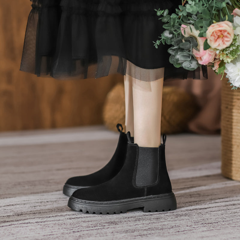 Women's British Style Leather Platform Martin Boots – Nubuck, Heeled, Warm Lining