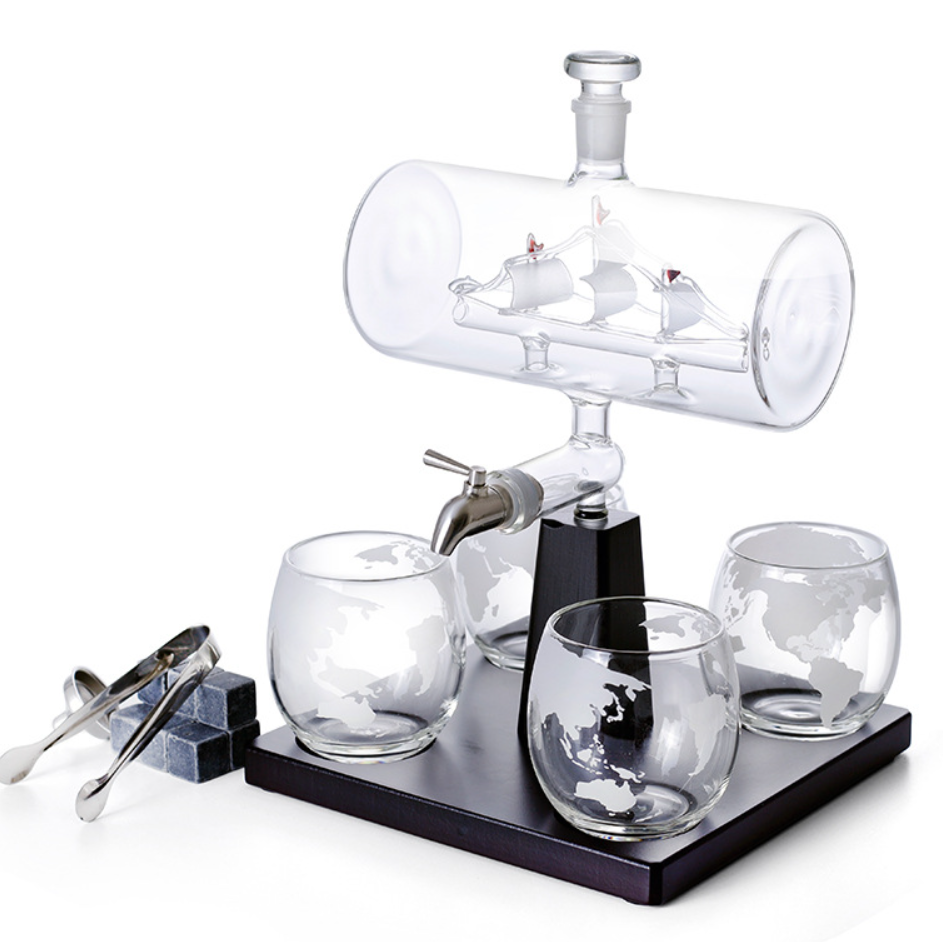 Glass Wine Bottle Set with 4 Glasses – World Map Design