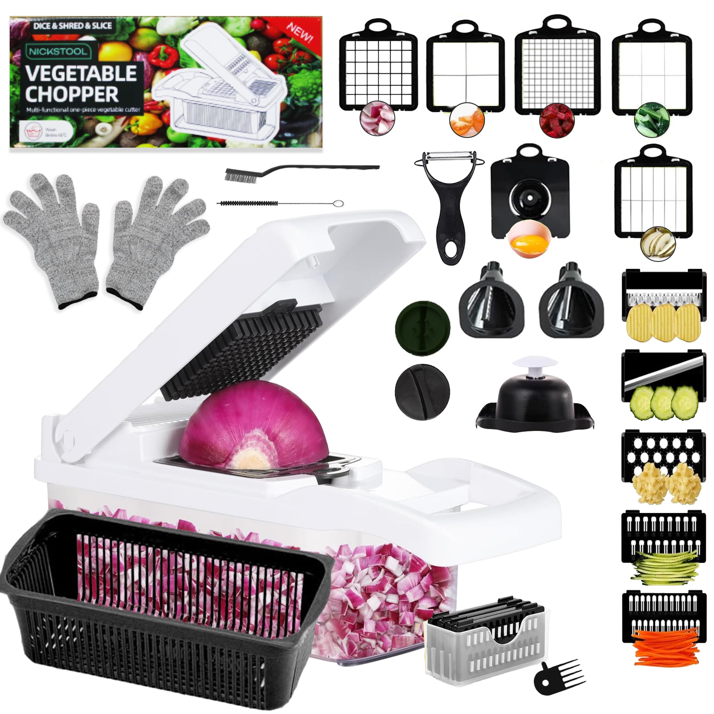 VEGEXPERT All-in-One Vegetable Chopper - Multi-Blade Slicer with Safety Gloves, Black