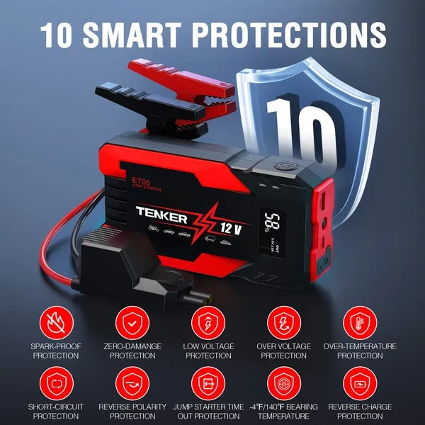 Car Jump Starter 4000A – 12V, LCD Display, Emergency Lights