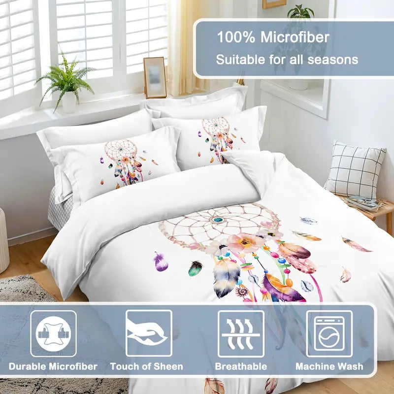Dreamcatcher Watercolor Feather Duvet Cover Set – 3pcs