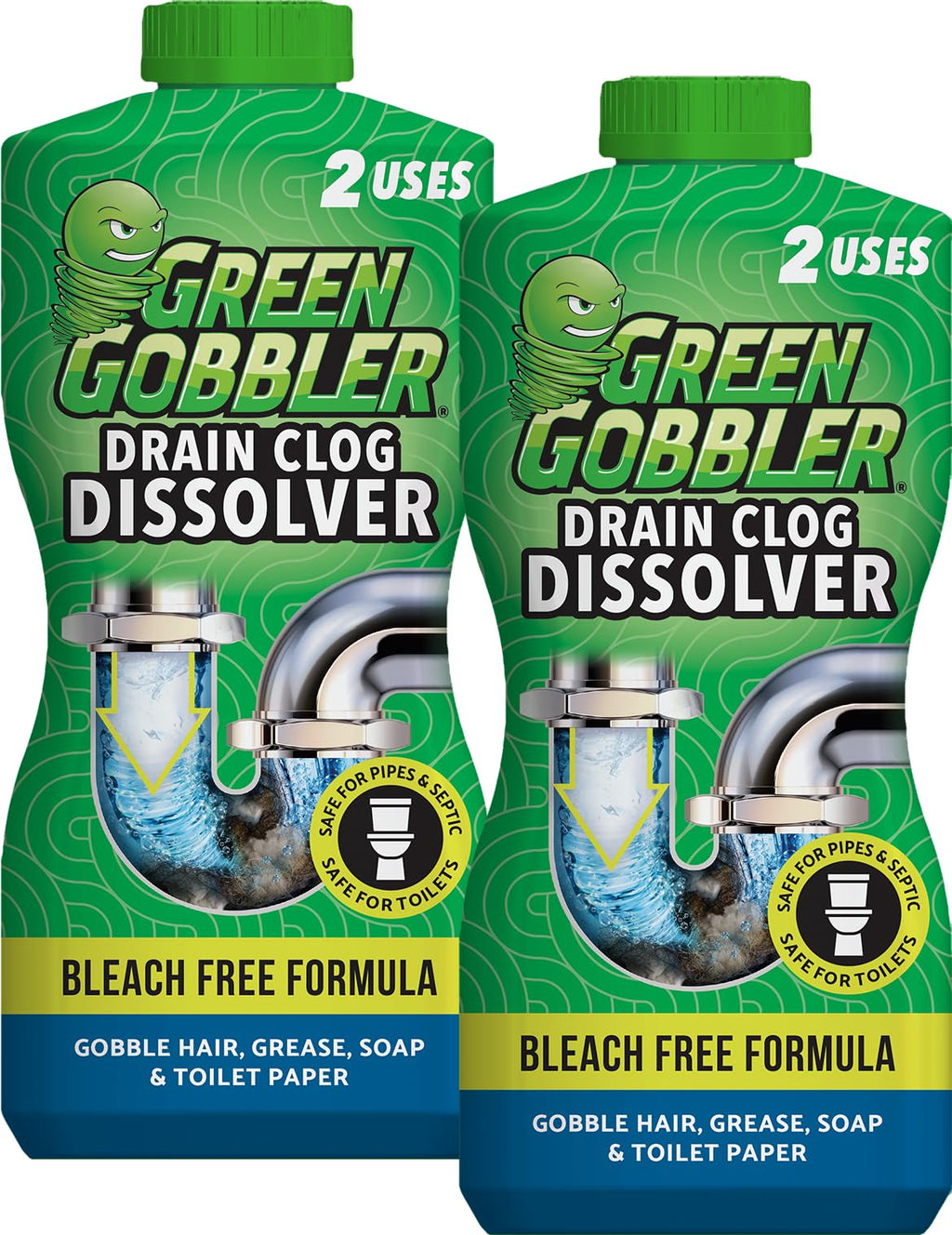 Green Gobbler Liquid Hair Drain Clog Remover & Cleaner For Toilets Sinks Tubs - Septic Safe 2 Pack