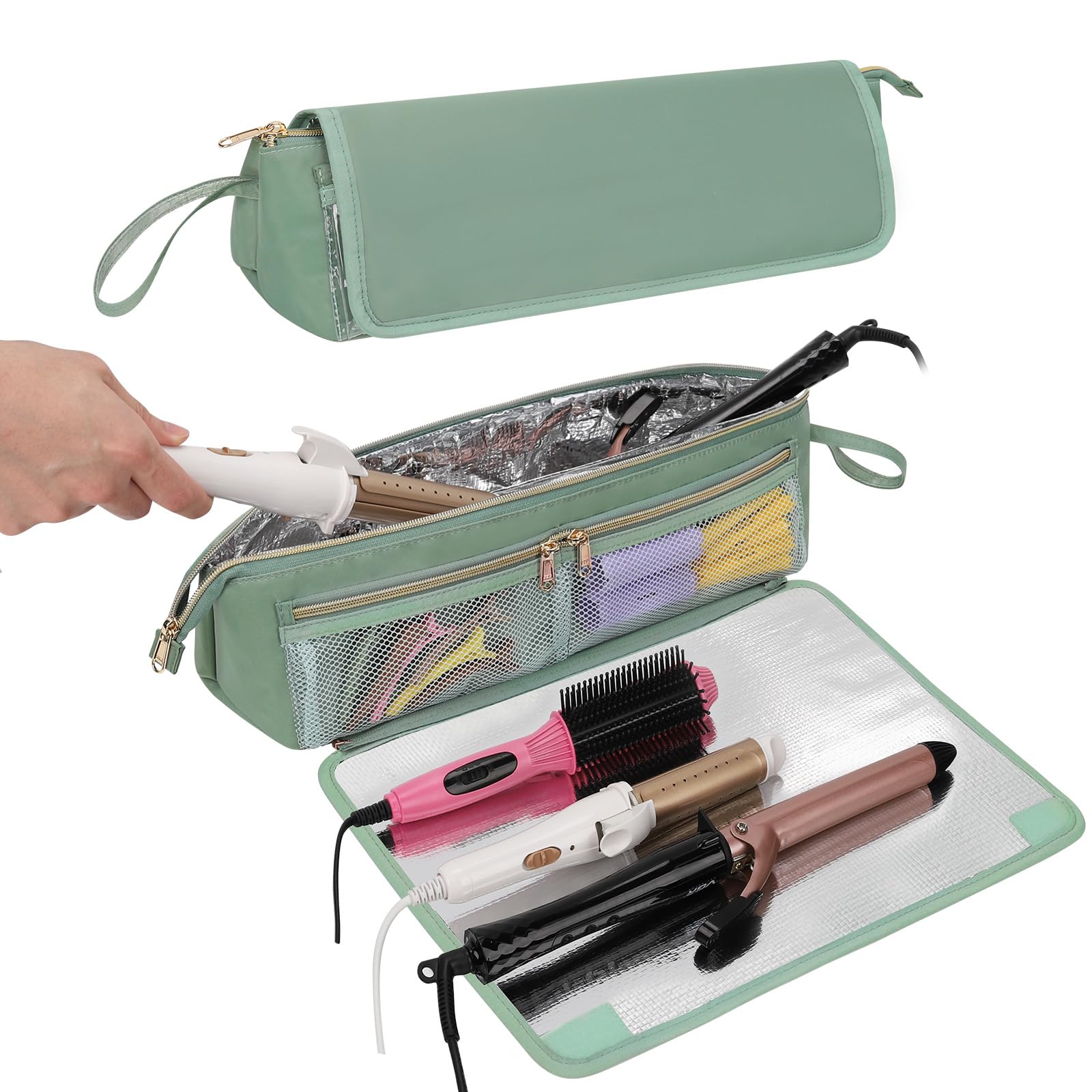 2-in-1 Hair Tool Travel Bag with Heat Resistant Mat – Green