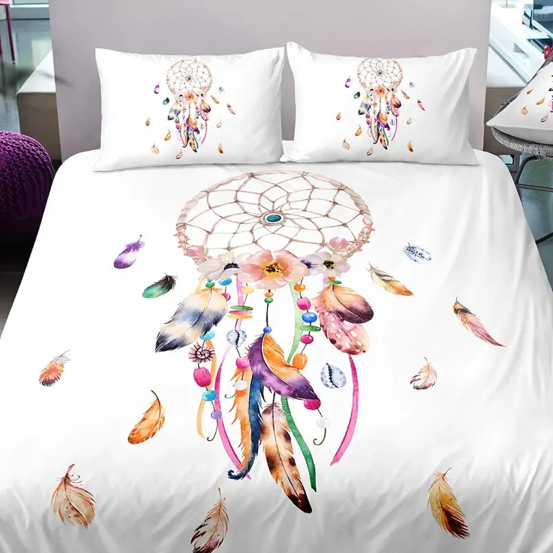 Dreamcatcher Watercolor Feather Duvet Cover Set – 3pcs