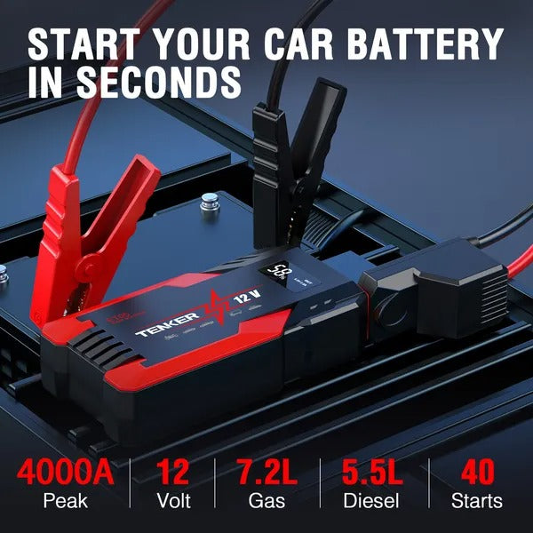 Car Jump Starter 4000A – 12V, LCD Display, Emergency Lights