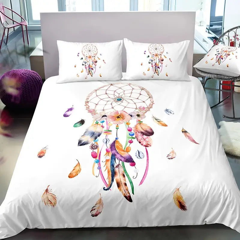 Dreamcatcher Watercolor Feather Duvet Cover Set – 3pcs