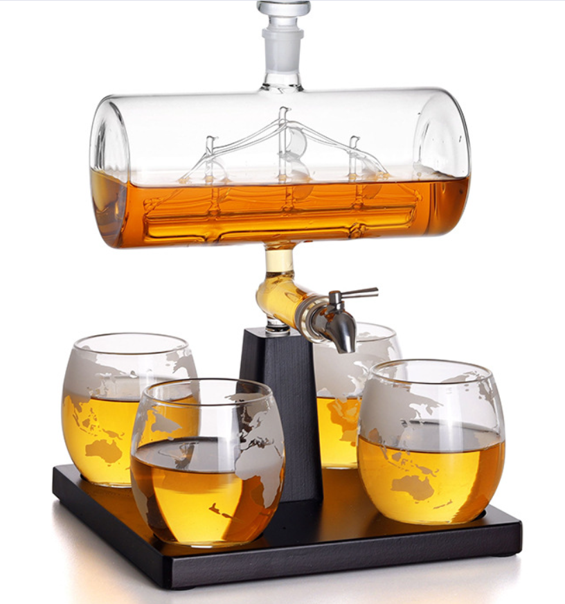 Glass Wine Bottle Set with 4 Glasses – World Map Design