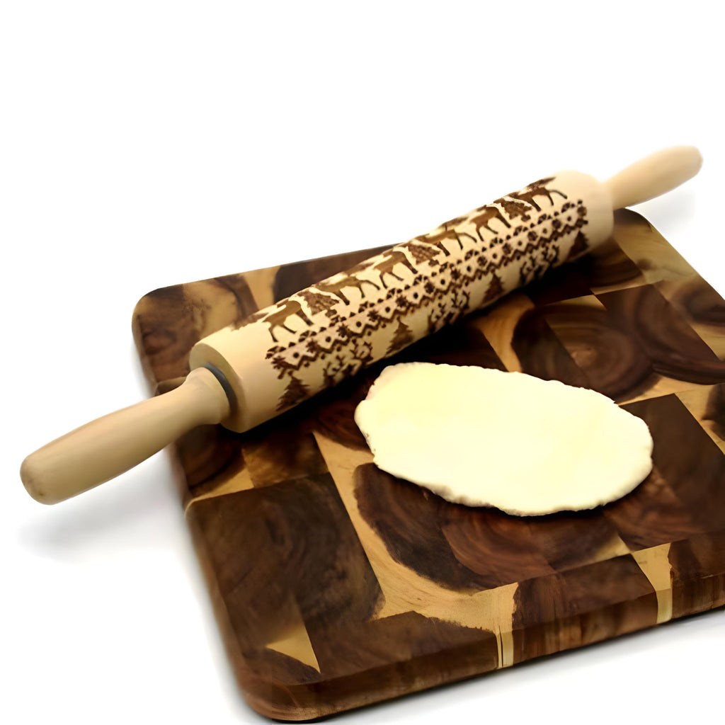 Christmas Rolling Pin – Embossed Elk Design Wooden Baking Tool for Cookies, Dumplings & Holiday Dough