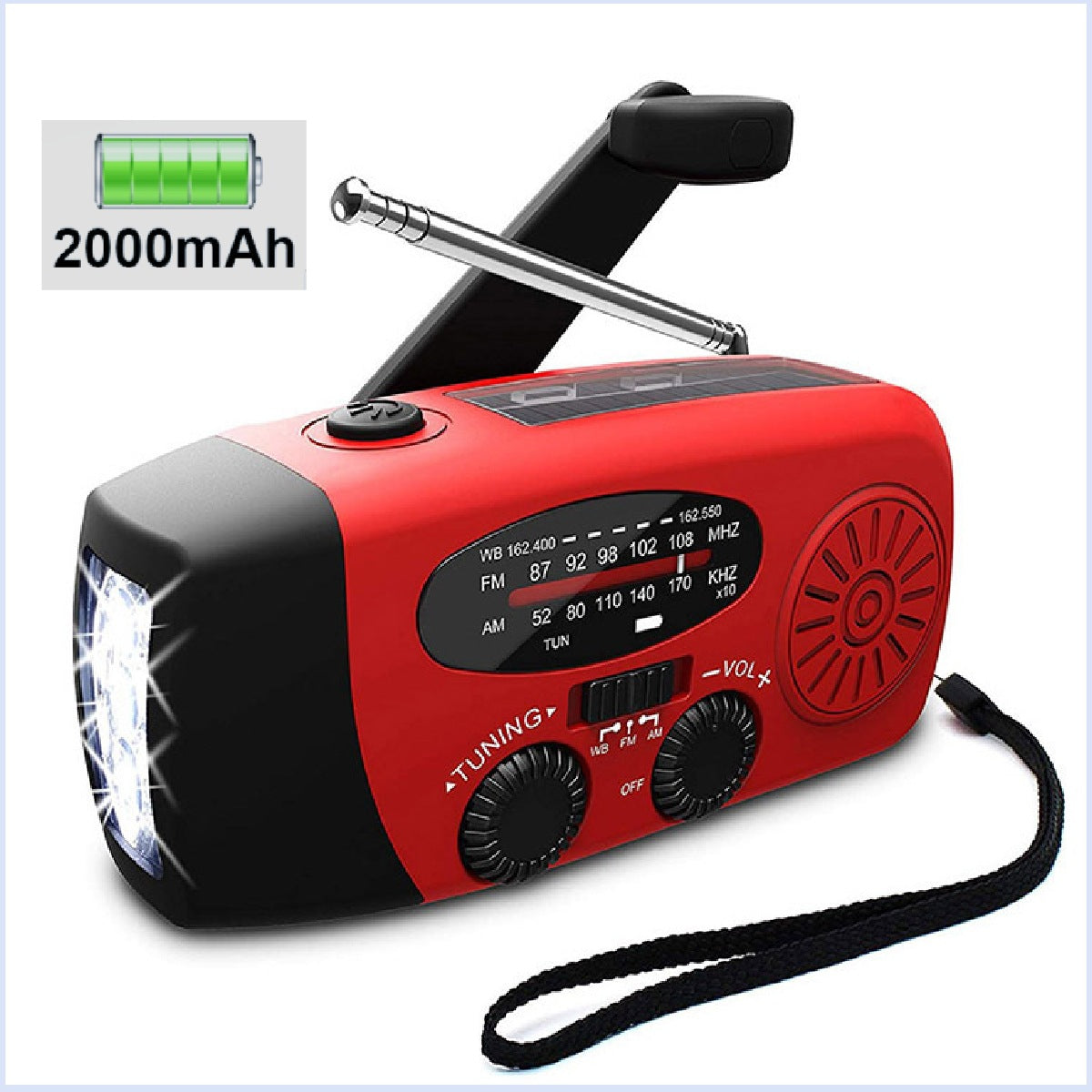 Emergency Radio – Solar Power, Flashlight, 2000mAh, AM/FM