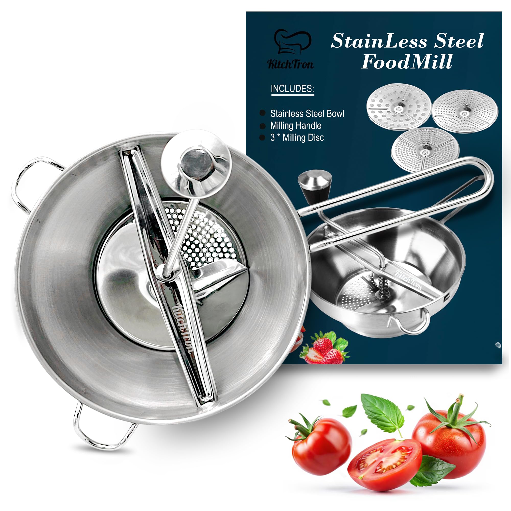 KitchTron Food Mill with 3 Grinding Milling DiscsBowl & Milling Handle.Dishwasher Safe Stainless Steel meal grinder Perfect food mill for tomato Potato Masher Vegetable Chopper Baby Food Processor