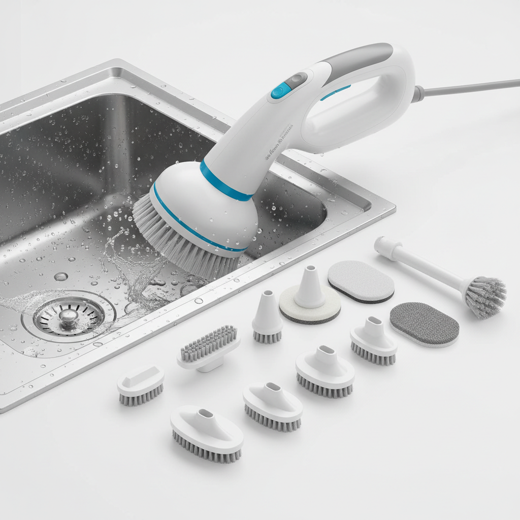 Electric cordless cleaning brush being used on kitchen sink