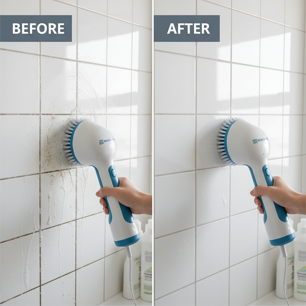 Before and after cleaning bathroom tile with electric brush